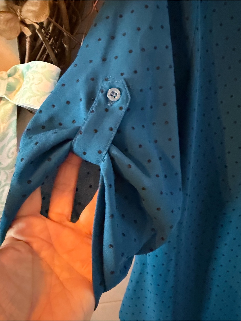 New York & Company Teal Blue Dot Split-Neck Blouse - Picture 3 of 10